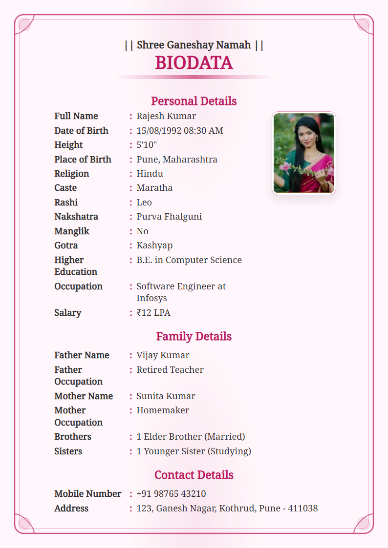 Lotus Grace  Marriage Biodata Format