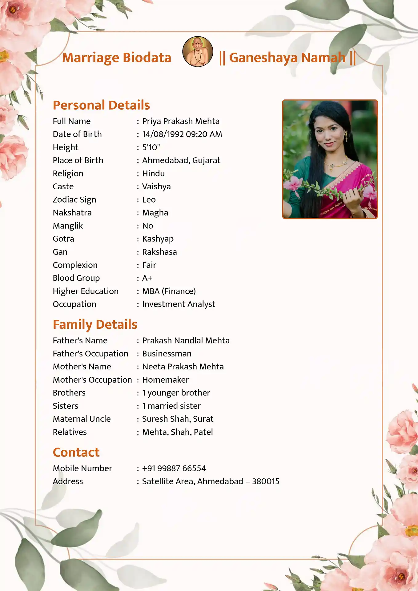 Traditional Hindu marriage biodata format showing Lord Ganesha symbol and astrology details format 3