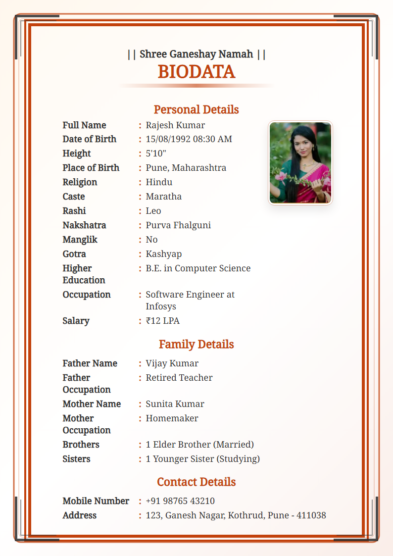 Warm Festive  Marriage Biodata Format