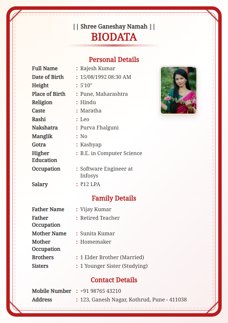 Royal Red  Marriage Biodata Format