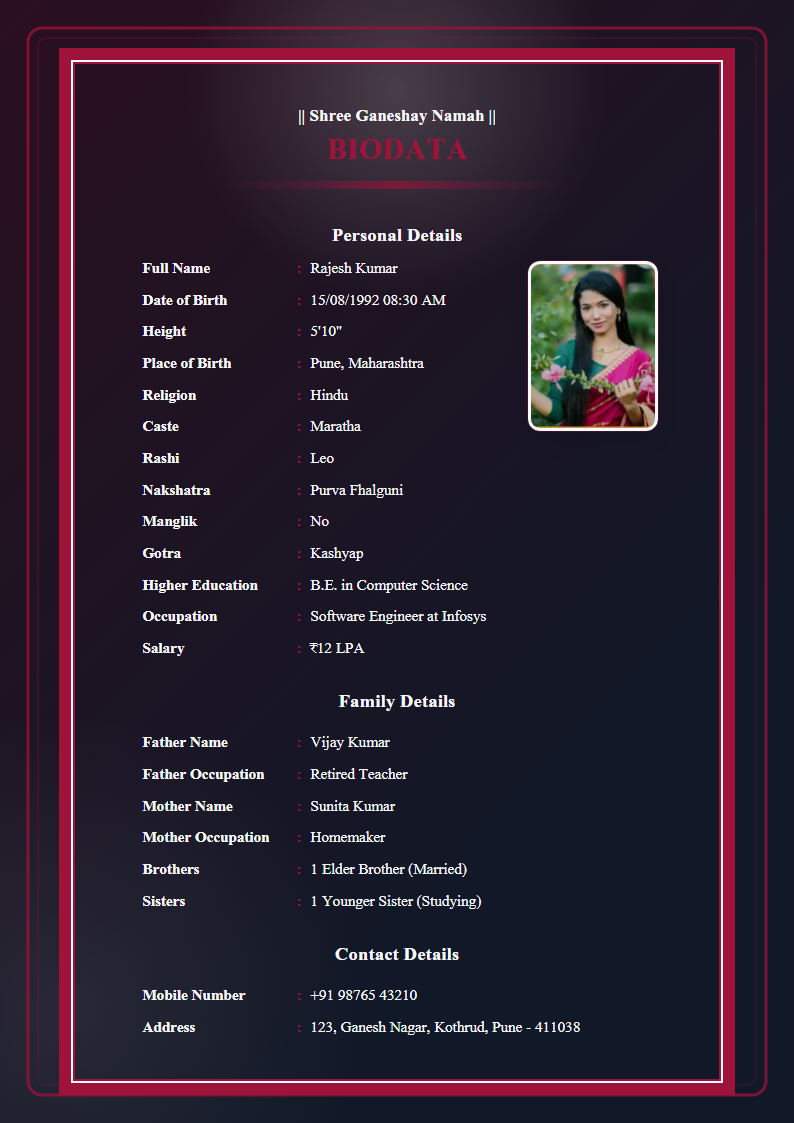 Red Velvet Marathi  Marriage Biodata Format