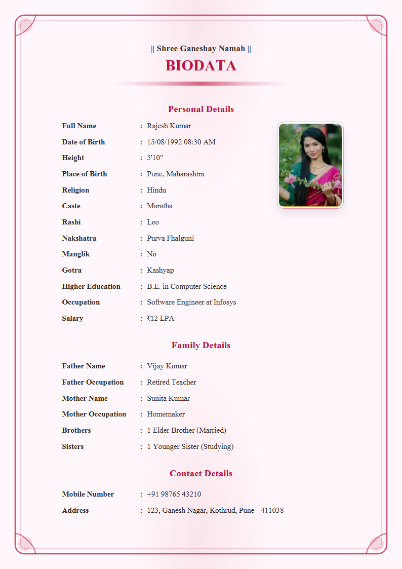Rose Floral  Marriage Biodata Format