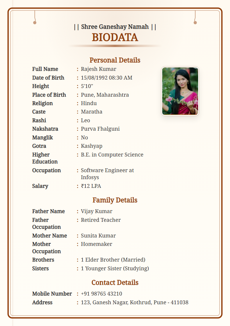 Temple Gold  Marriage Biodata Format