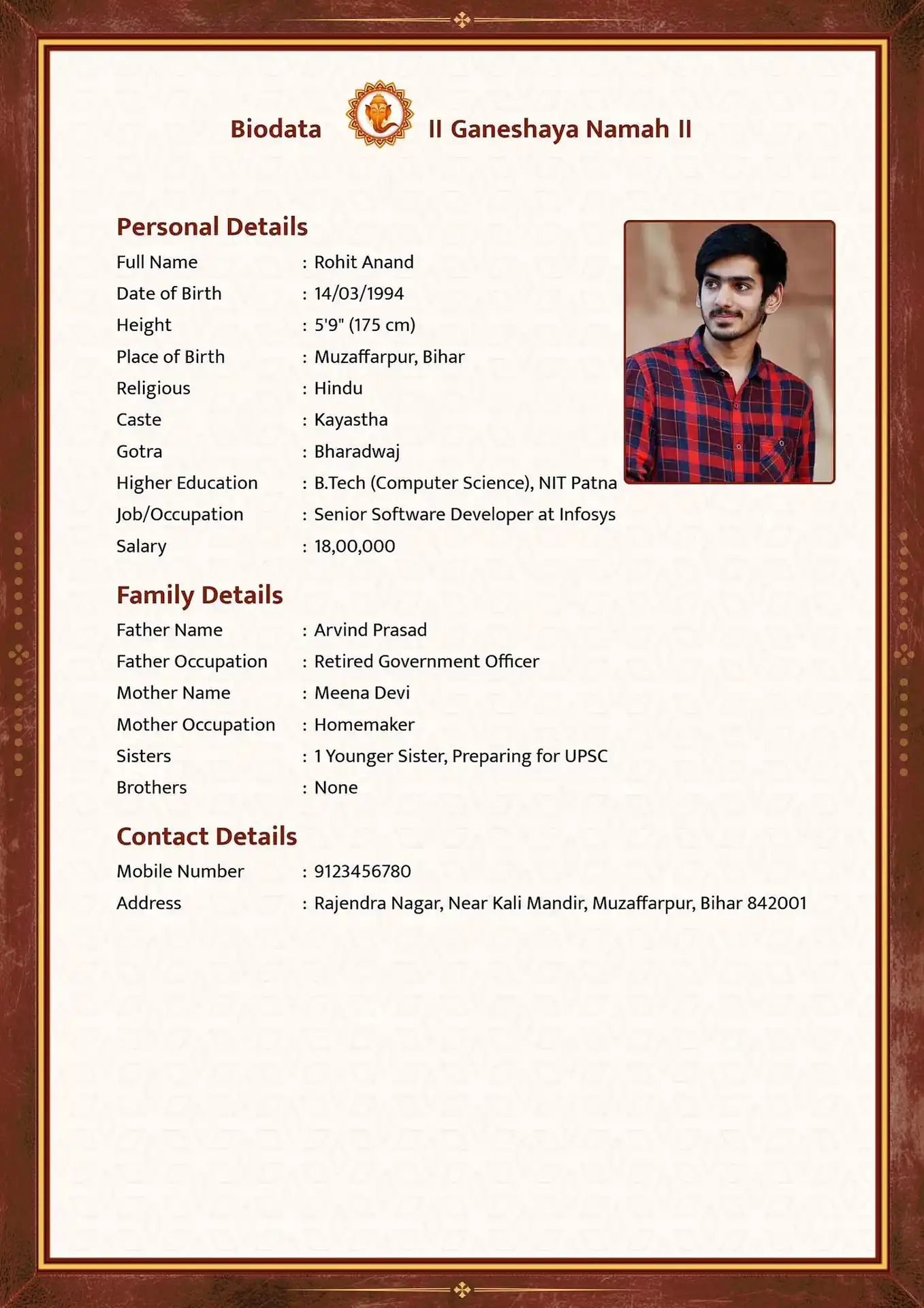 Biodata maker online interface showing real-time preview and editing tools format 1