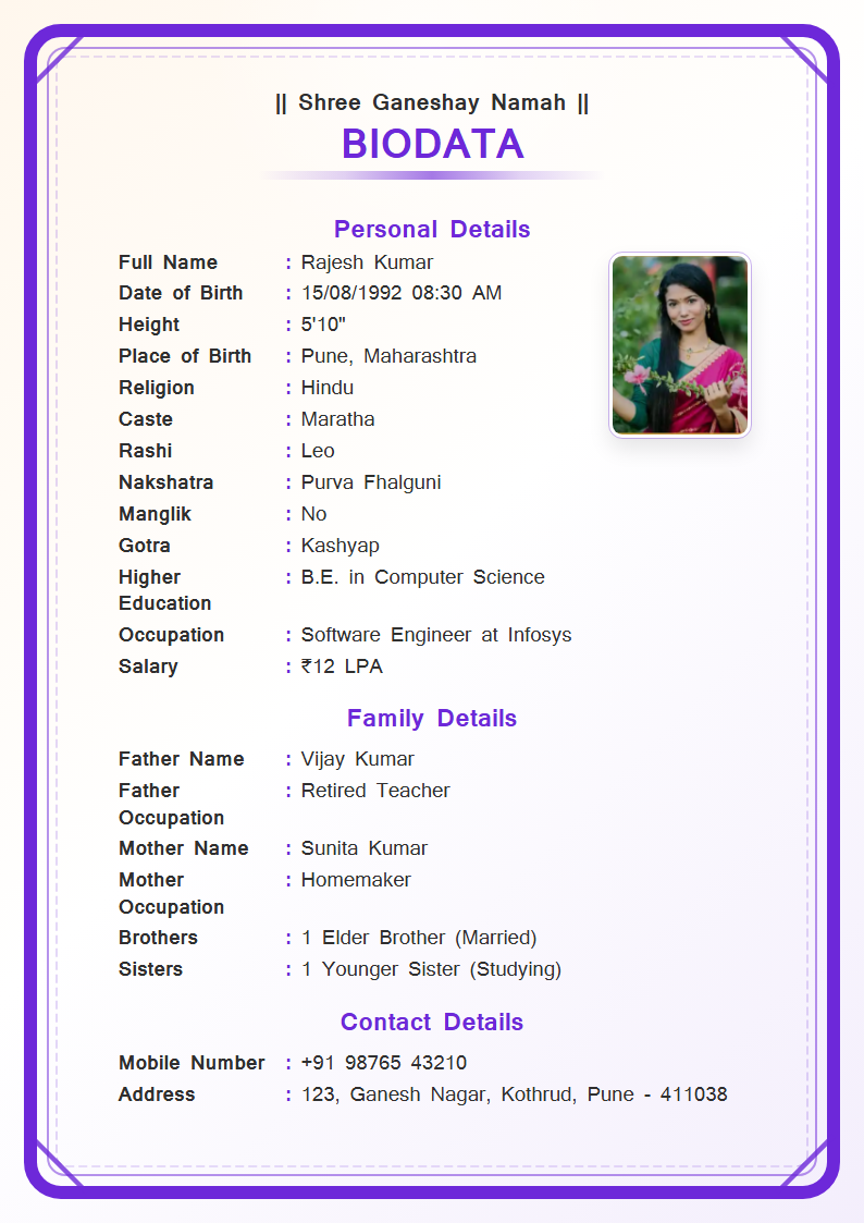Violet Frame  Marriage Biodata Format