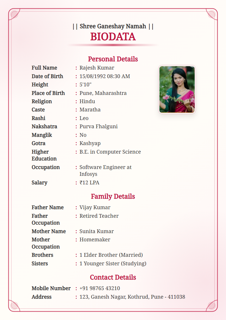 Rose Gold  Marriage Biodata Format
