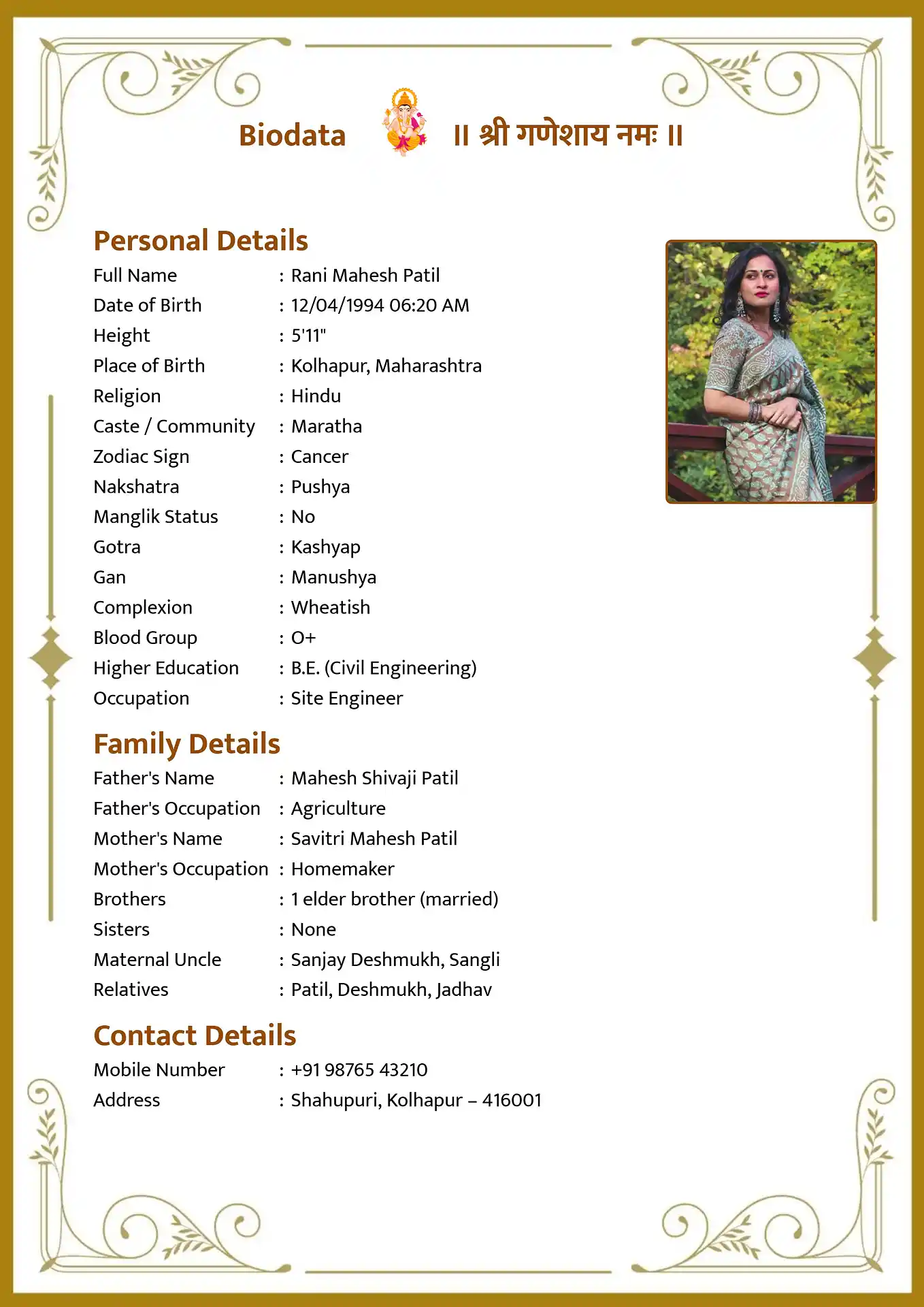 Free marriage biodata maker interface showing template selection and details form format 2