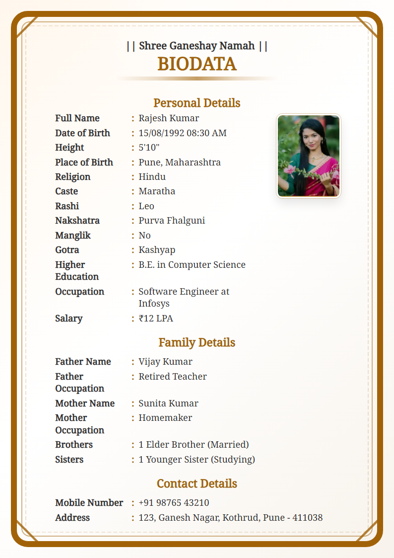 Royal Gold  Marriage Biodata Format