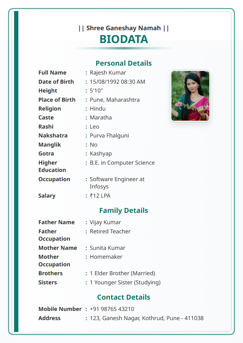 Teal Modern  Marriage Biodata Format