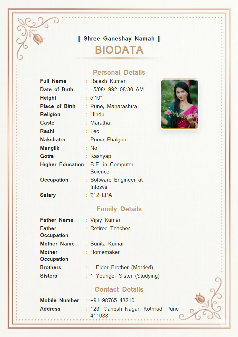 Rose Gold Elegance  Marriage Biodata Format