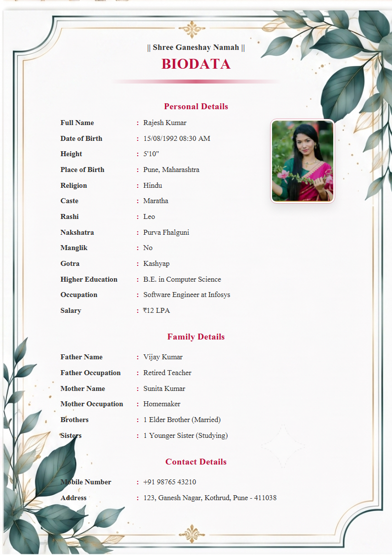 Premium Design 11  Marriage Biodata Format