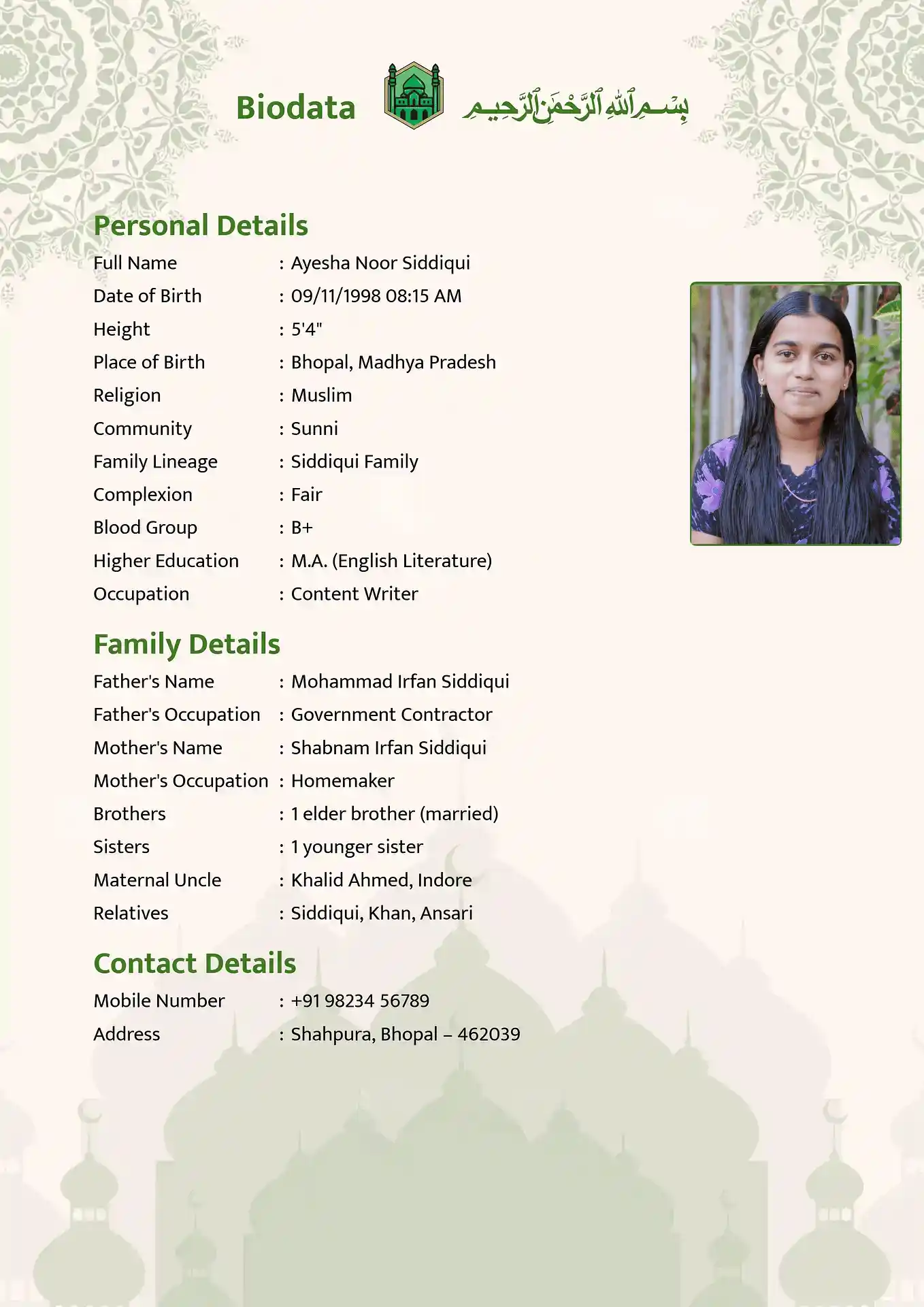 Biodata maker online interface showing real-time preview and editing tools format 2