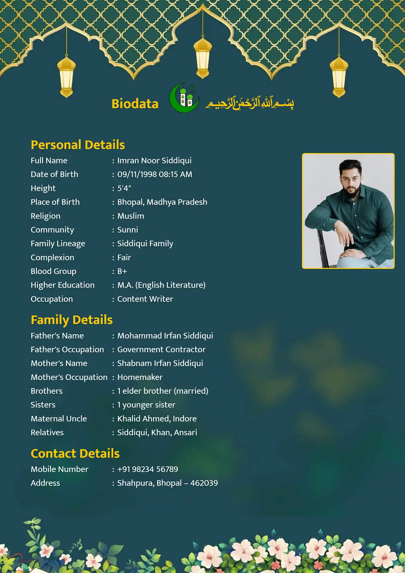 Green biodata template preview